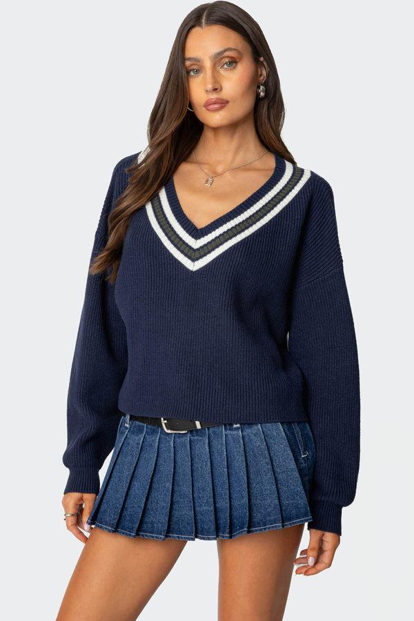 edikted Lauryl V Neck Sweater navy