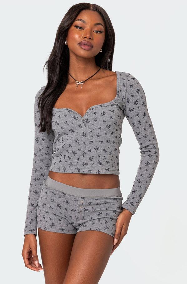 edikted Lavender Waffle Top gray melange