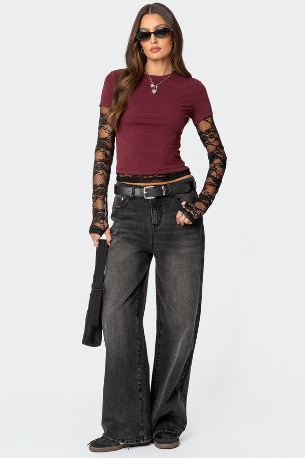 Edikted Layered Lace Sleeve T Shirt Burgundy