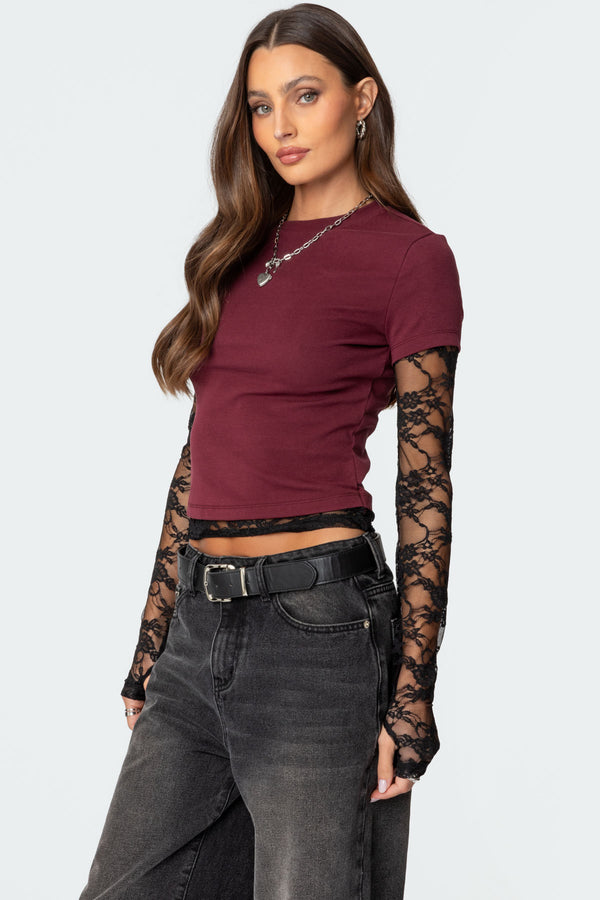 Edikted Layered Lace Sleeve T Shirt Burgundy