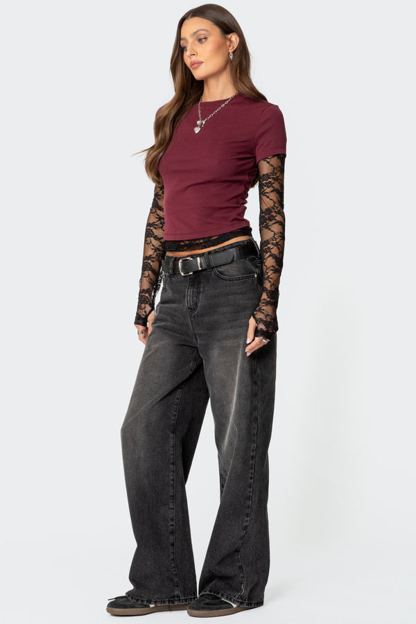 Edikted Layered Lace Sleeve T Shirt Burgundy