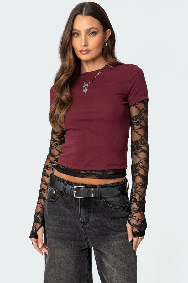 edikted Layered Lace Sleeve T Shirt burgundy