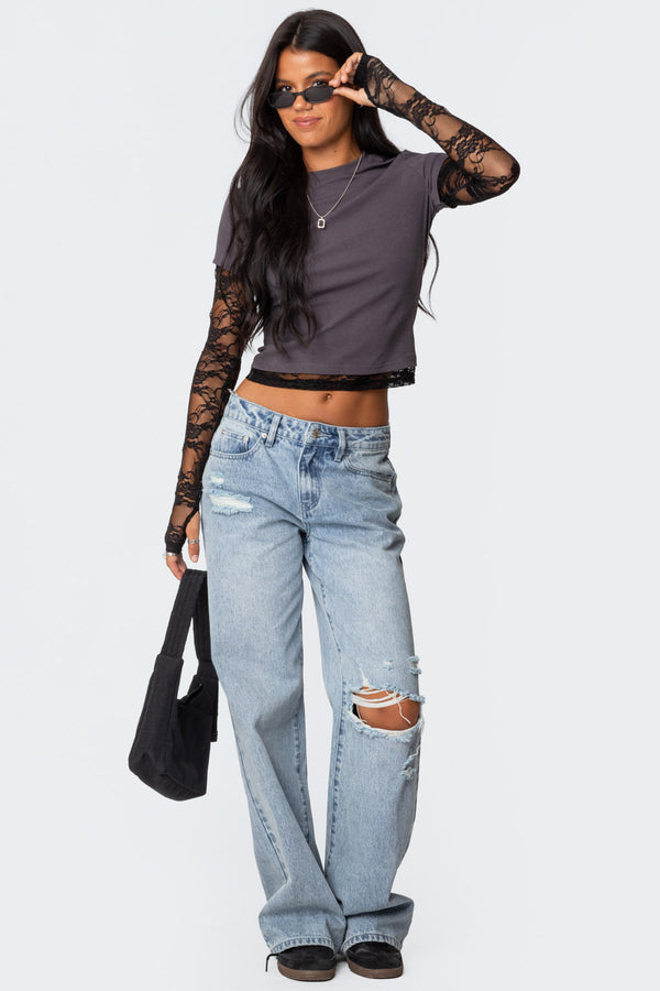 Edikted Layered Lace Sleeve T Shirt Gray