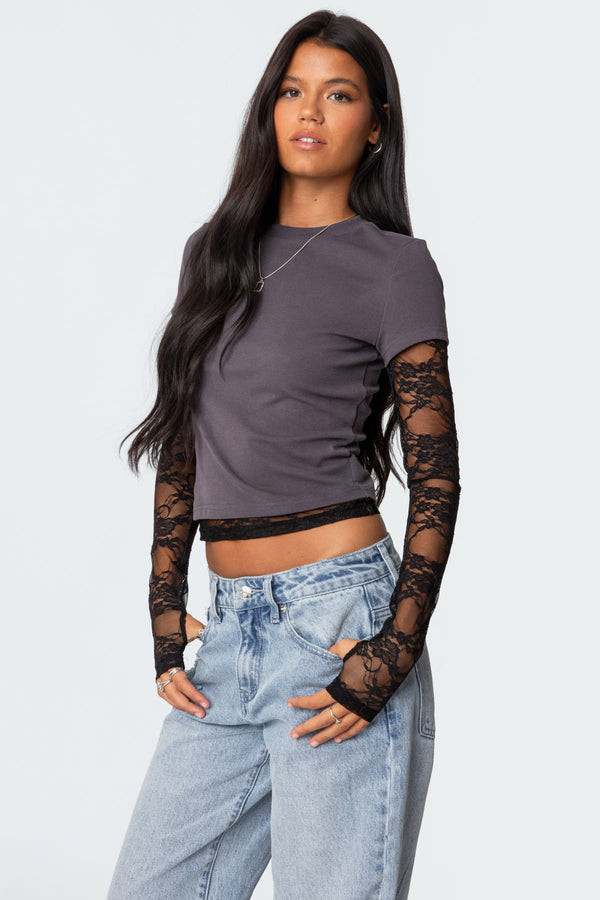 Edikted Layered Lace Sleeve T Shirt Gray