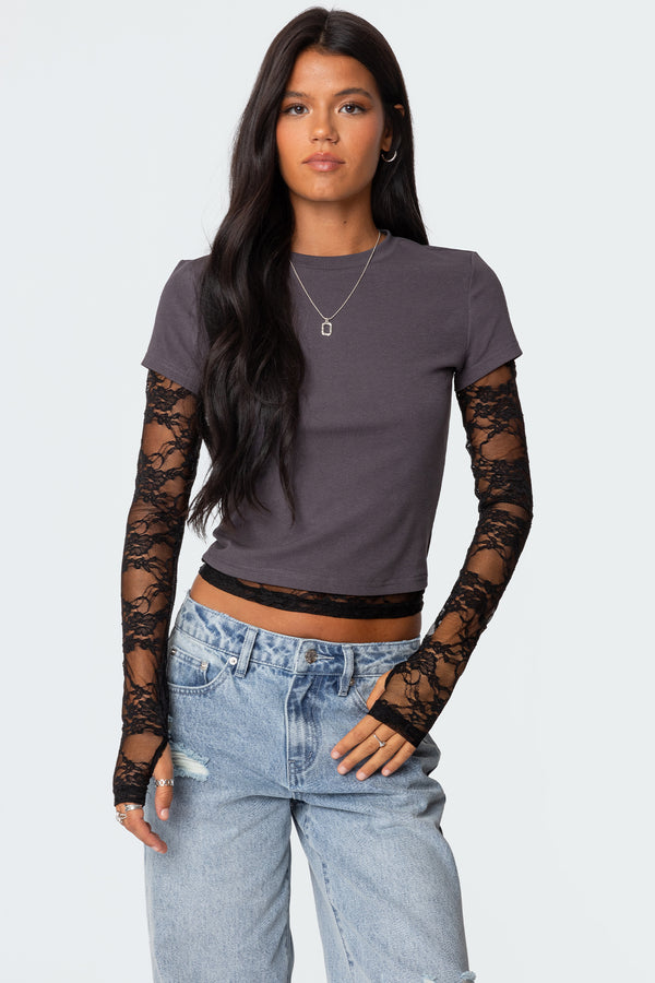 edikted Layered Lace Sleeve T Shirt gray