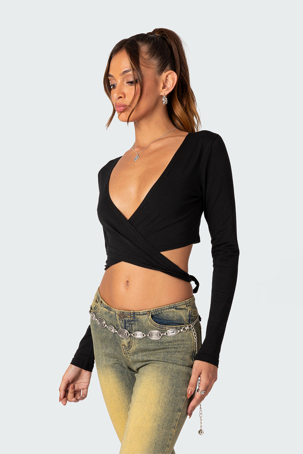 Edikted Layla Wrap Crop Top Black
