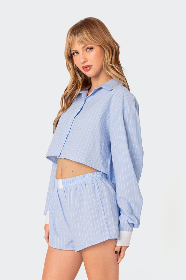 Edikted Lea Cropped Button Up Shirt Light Blue