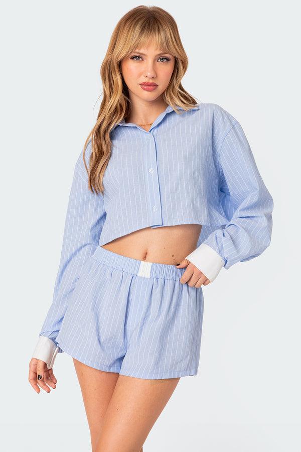 edikted Lea Cropped Button Up Shirt light blue
