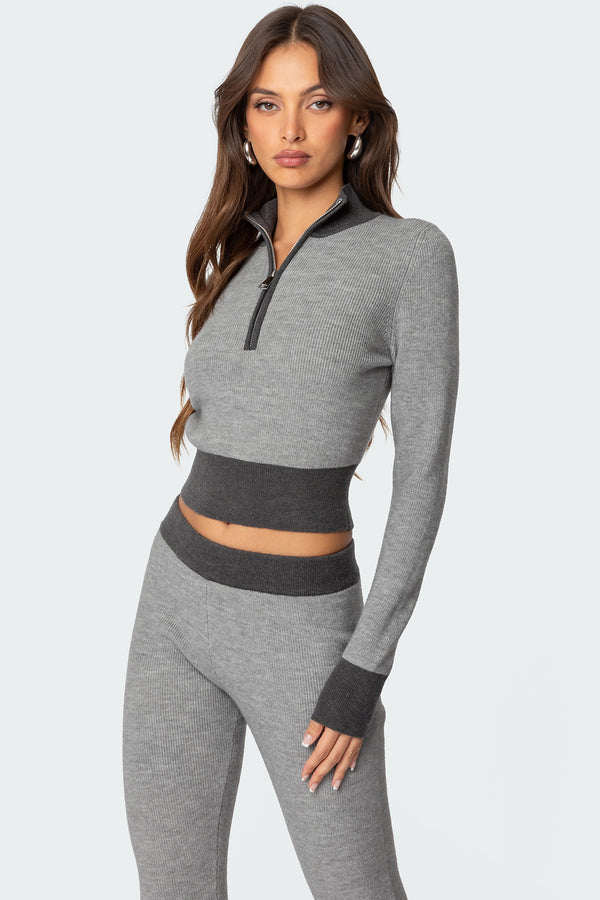 Edikted Lei Contrast Half Zip Knit Top Gray