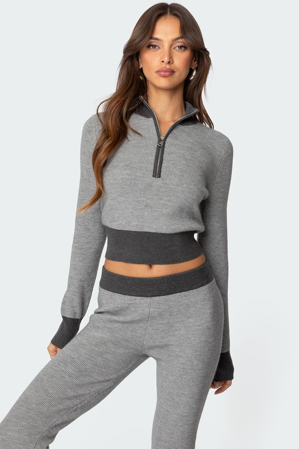 edikted Lei Contrast Half Zip Knit Top gray