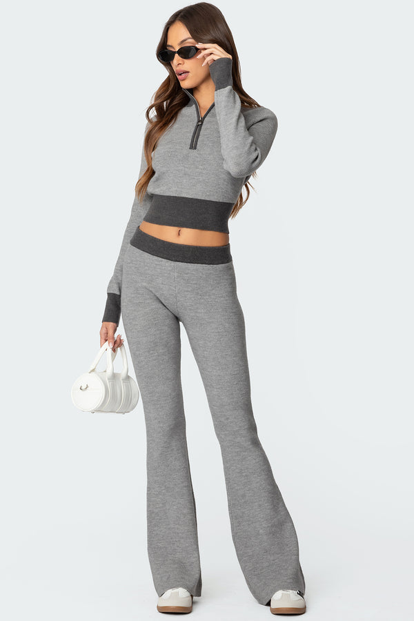 edikted Lei Contrast Knit Flared Pants gray
