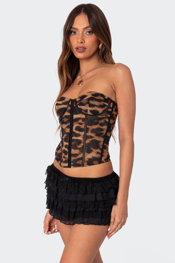 Edikted Lennox Leopard Print Mesh Corset Leopard