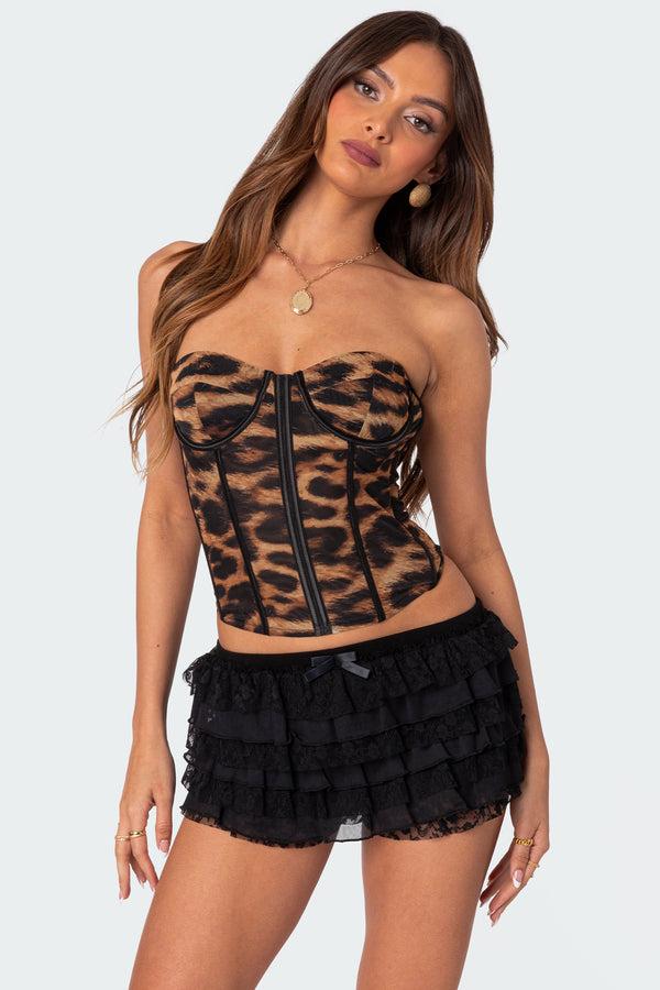 Edikted Lennox Leopard Print Mesh Corset Leopard