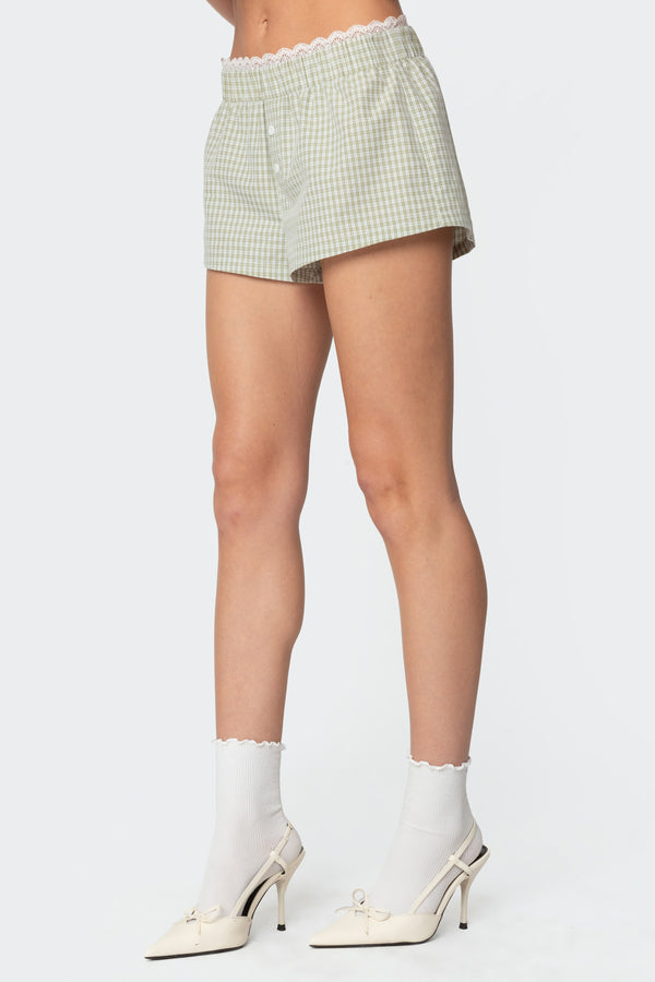 Edikted Lenorah Gingham Boxer Shorts Green