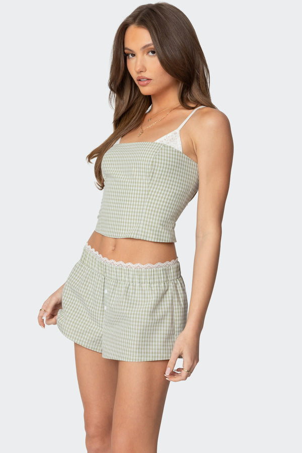 Edikted Lenorah Layered Gingham Top Green