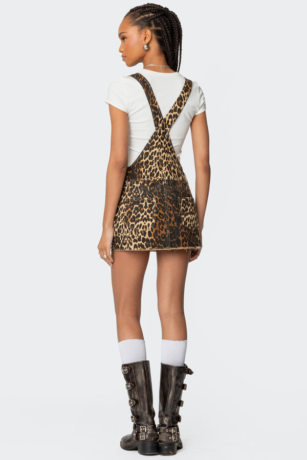 Edikted Leopard Denim Overall Mini Dress Leopard