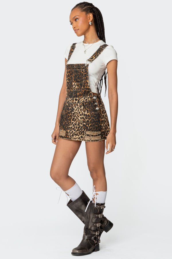 Edikted Leopard Denim Overall Mini Dress Leopard