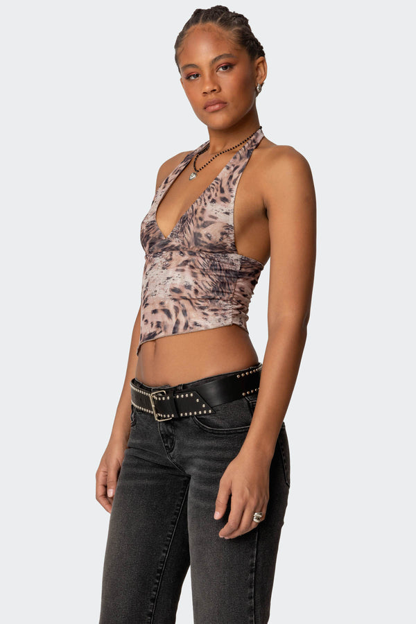 Edikted Leopard Mesh Asymmetric Halter Top Leopard