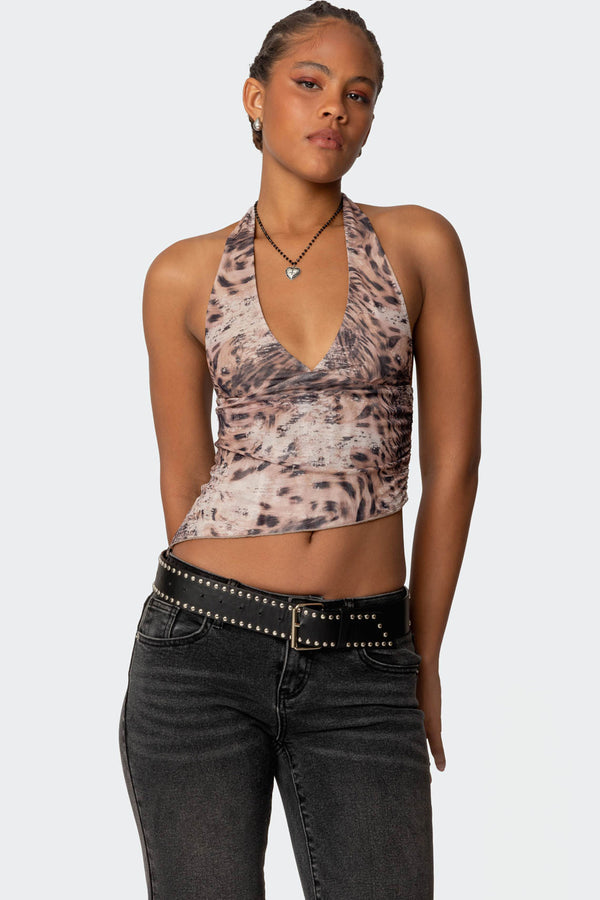 edikted Leopard Mesh Asymmetric Halter Top leopard