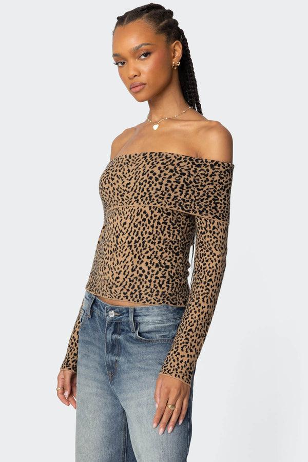 Edikted Leopard Printed Fold Over Knit Top Leopard