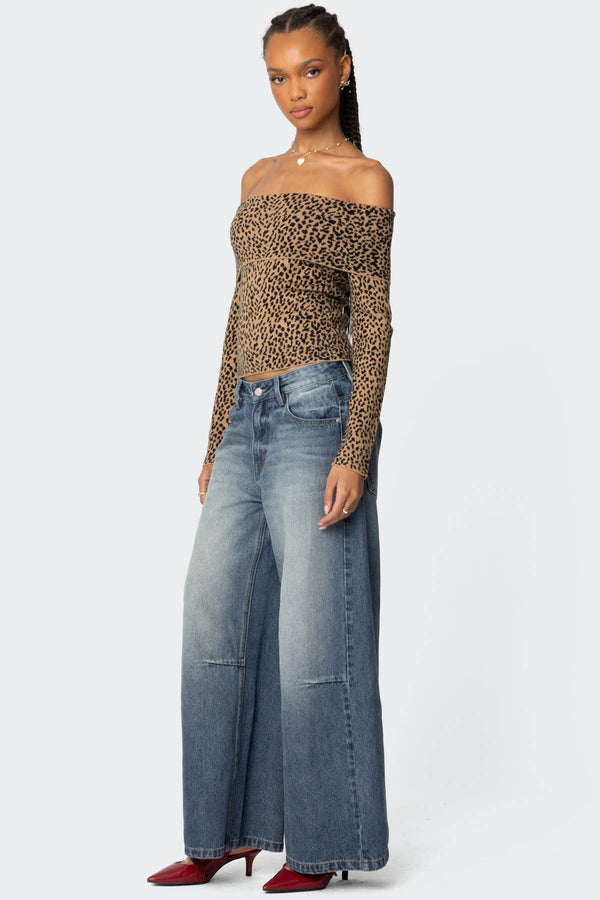 Edikted Leopard Printed Fold Over Knit Top Leopard
