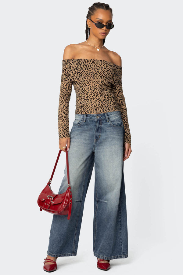 Edikted Leopard Printed Fold Over Knit Top Leopard