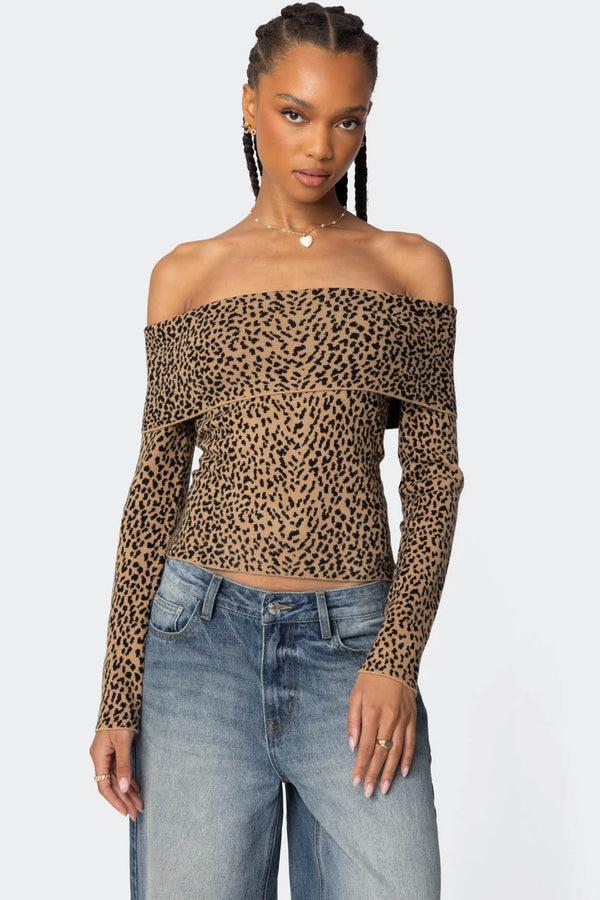 edikted Leopard Printed Fold Over Knit Top leopard