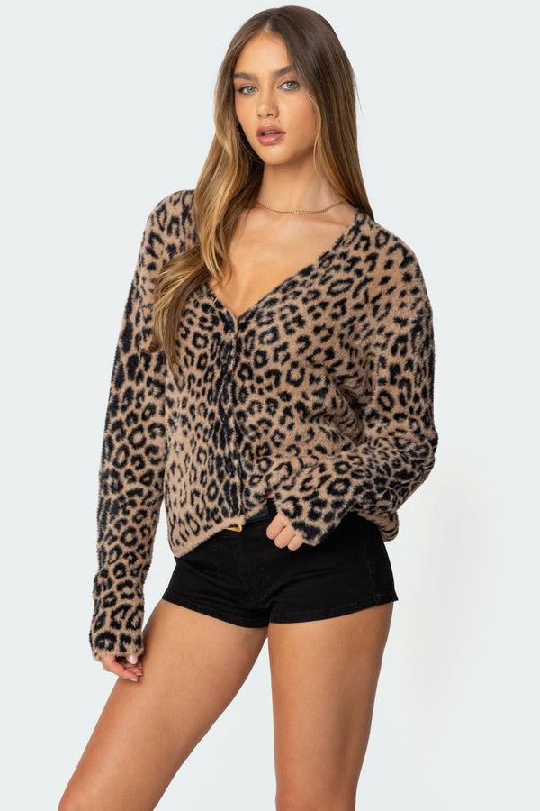 Edikted Leopard Printed V Neck Cardigan Leopard