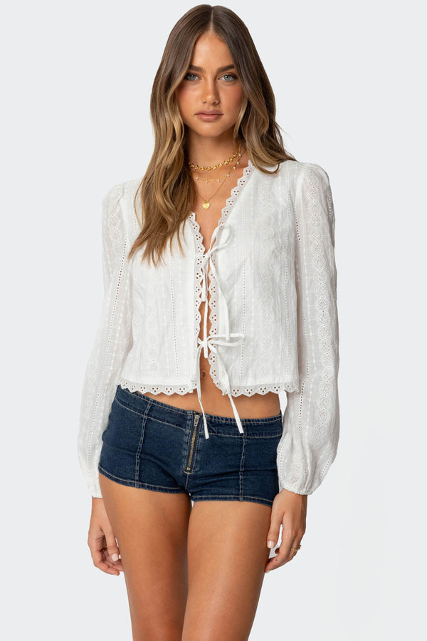 edikted Lesley Cotton Lace Tie Front Top white