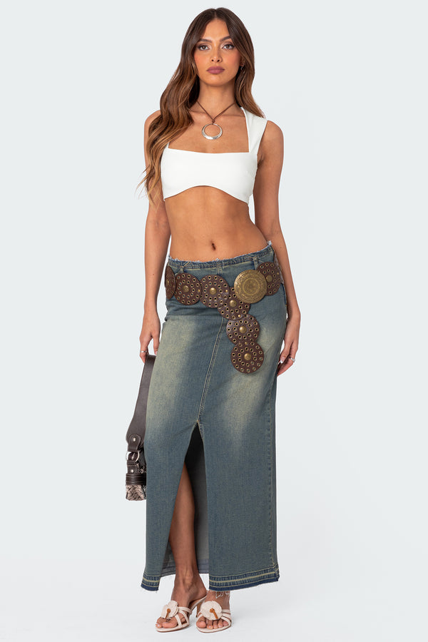 Edikted Lexy Washed Denim Maxi Skirt Blue Washed