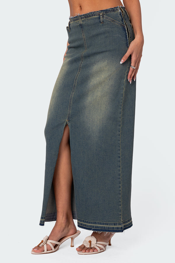 Edikted Lexy Washed Denim Maxi Skirt Blue Washed