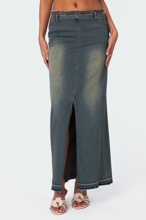 Edikted Lexy Washed Denim Maxi Skirt Blue Washed