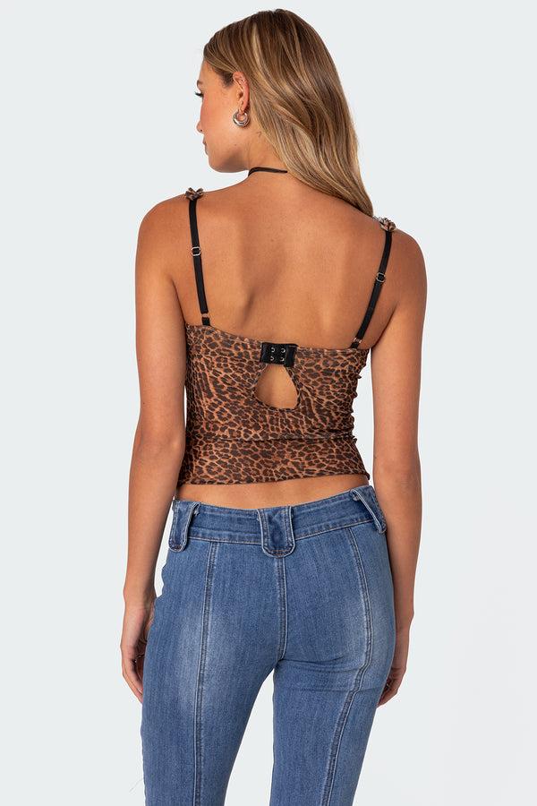 Edikted Lidia Sheer Mesh Bra Top Leopard