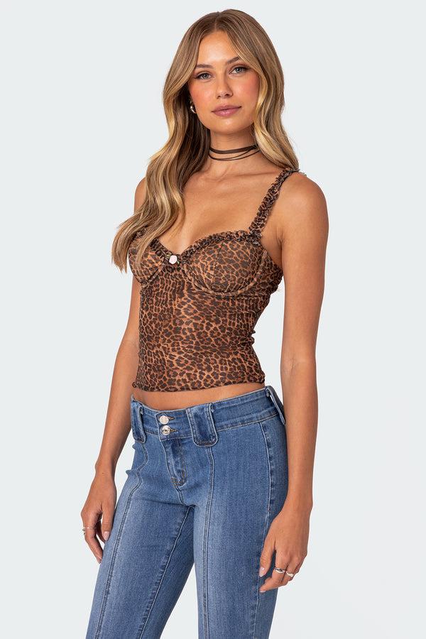 Edikted Lidia Sheer Mesh Bra Top Leopard