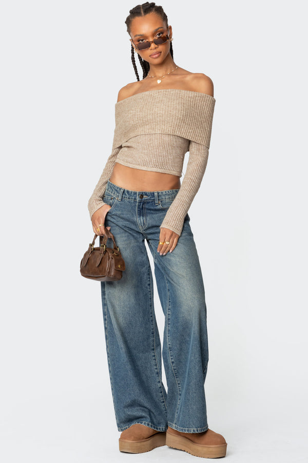 Edikted Lili Fold Over Knit Top Beige