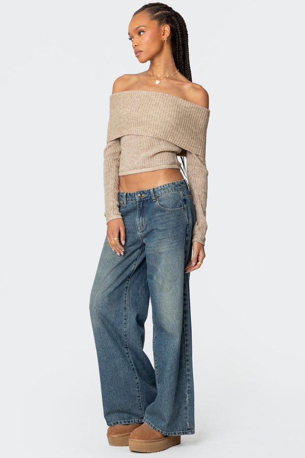 Edikted Lili Fold Over Knit Top Beige