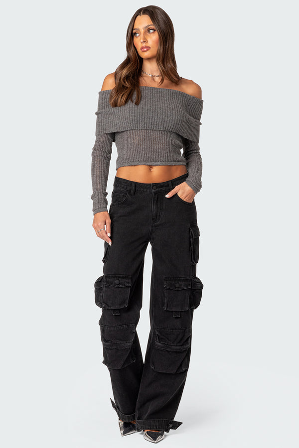 Edikted Lili Fold Over Knit Top Gray Melange