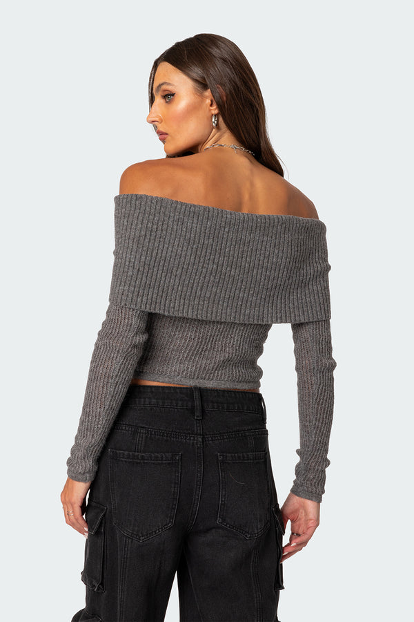 Edikted Lili Fold Over Knit Top Gray Melange