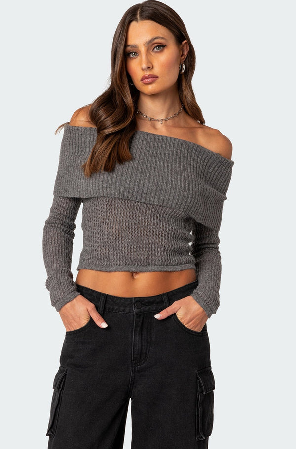 edikted Lili fold over knit top gray melange