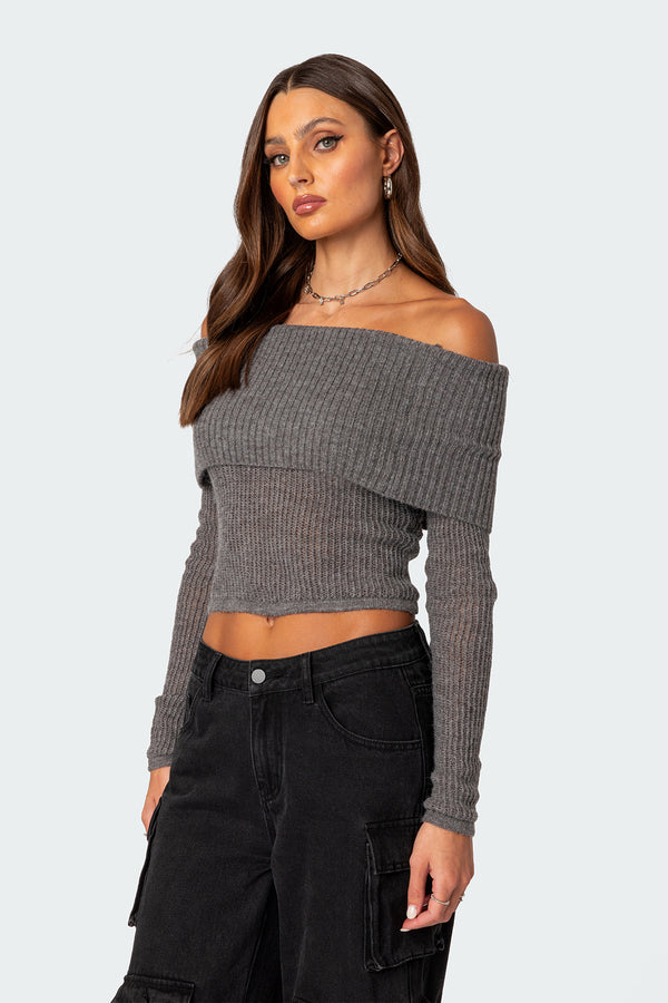 Edikted Lili Fold Over Knit Top Gray Melange