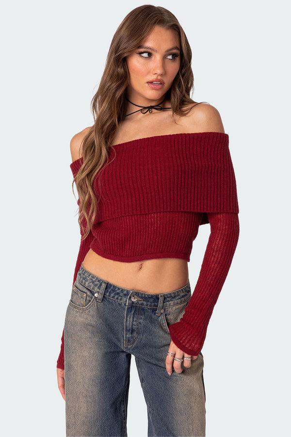 edikted Lili fold over knit top red