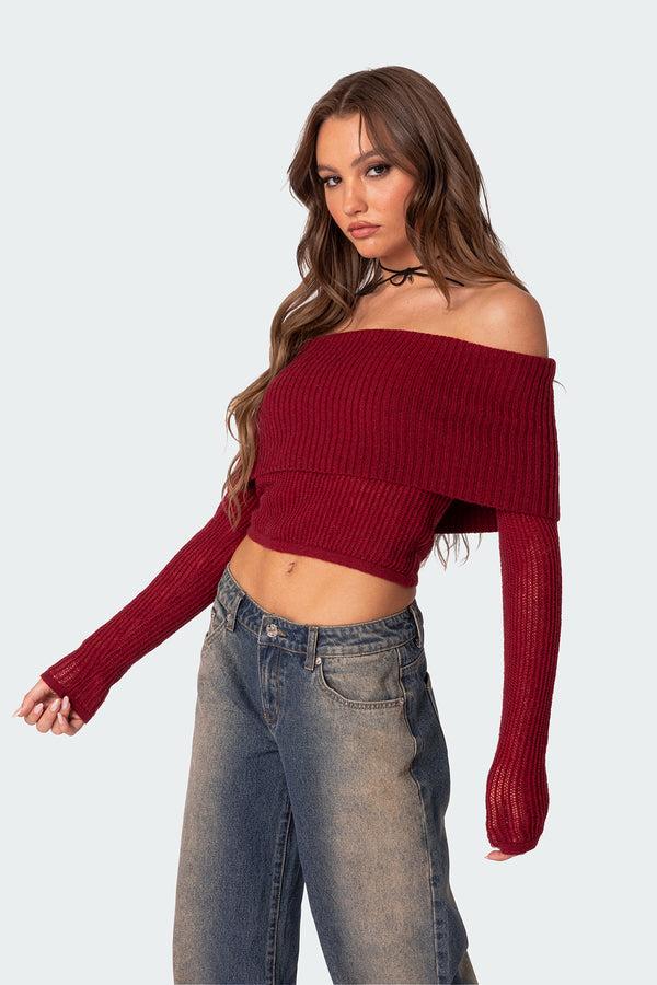 Edikted Lili Fold Over Knit Top Red