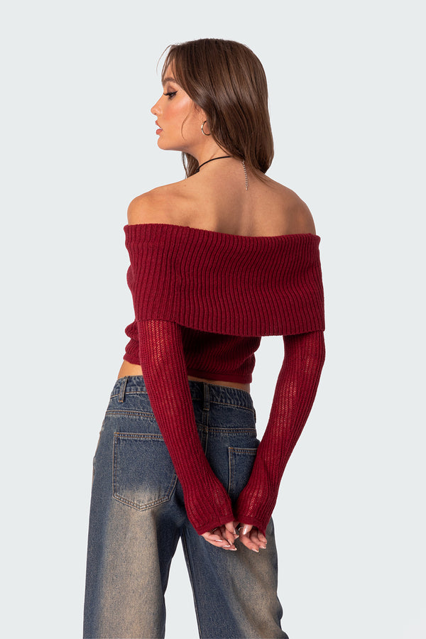 Edikted Lili Fold Over Knit Top Red