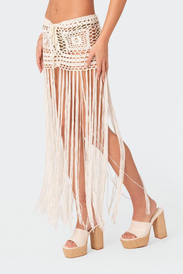 Edikted Lillee Crochet Fringe Maxi Skirt Cream