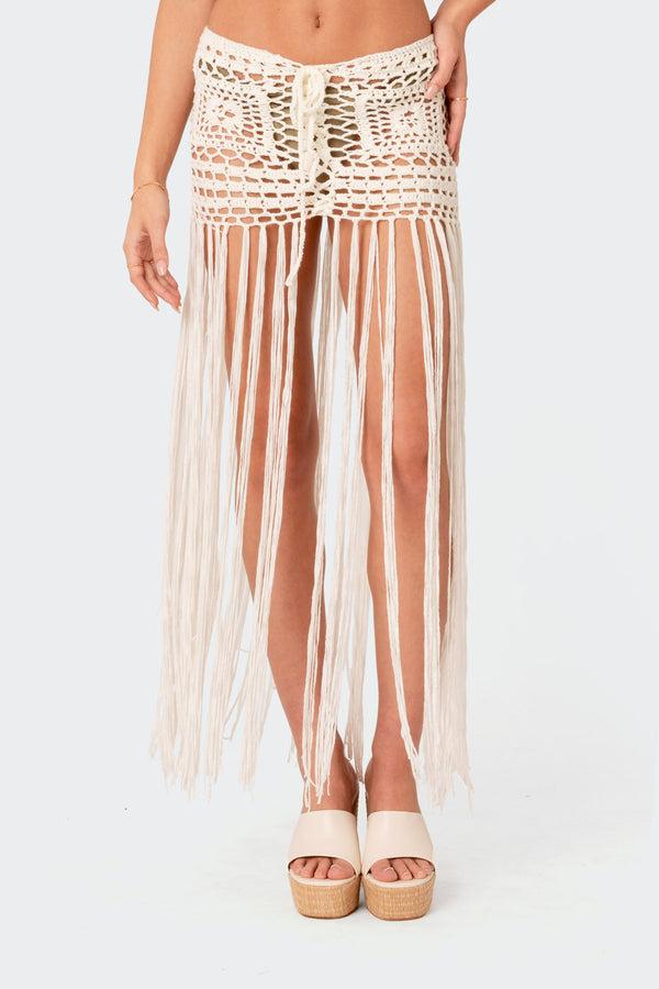 Edikted Lillee Crochet Fringe Maxi Skirt Cream