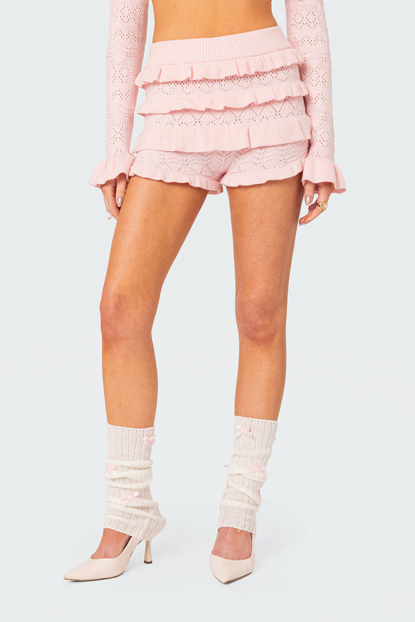 Edikted Lindsay Ruffle Knitted Shorts Light Pink