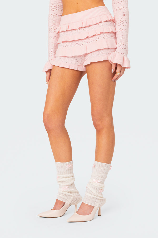 Edikted Lindsay Ruffle Knitted Shorts Light Pink