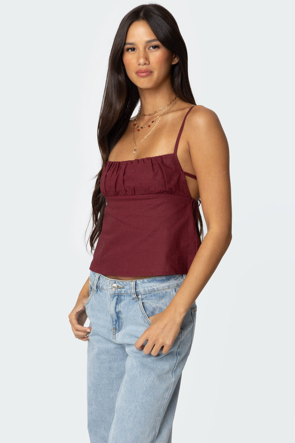 Edikted Linen Look Open Back Top Burgundy
