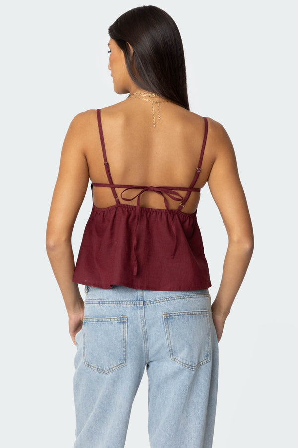 Edikted Linen Look Open Back Top Burgundy