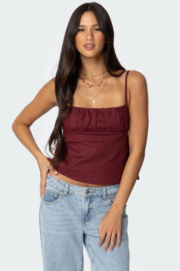 edikted Linen Look Open Back Top burgundy
